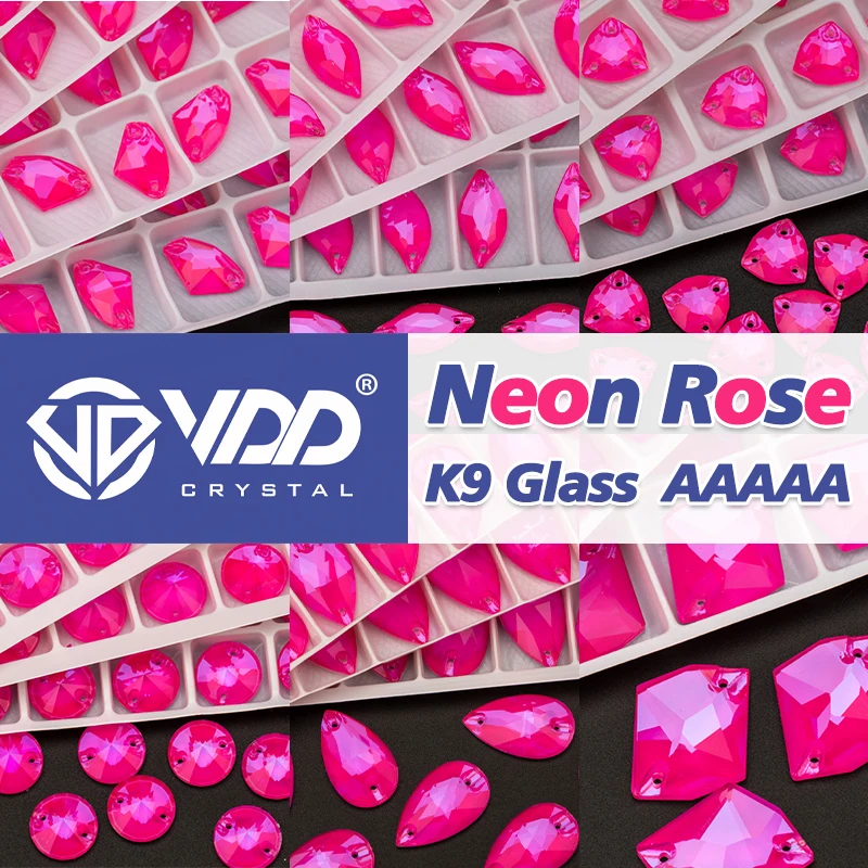 VDD Top Quality AAAAA K9 Neon Rose Glass Sew On Rhinestones Sewing Clear Crystal Flatback Stones For Clothes Garment Decorations