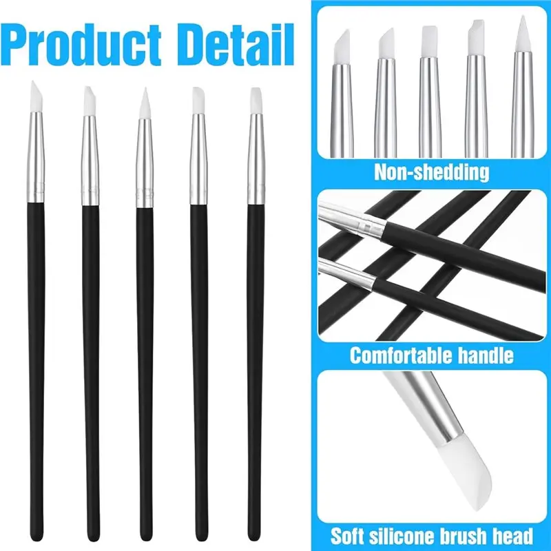 Mach-ferramentas flexíveis de escultura em argila, 15 pacotes de pincéis de silicone para artesanato, 5 formatos de cabeça para cerâmica e escultura