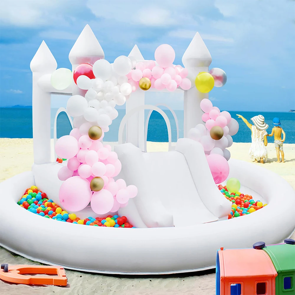 Casa hinchable inflable, castillo hinchable blanco de 11 pies con tobogán de bola para fiesta de boda y patio trasero