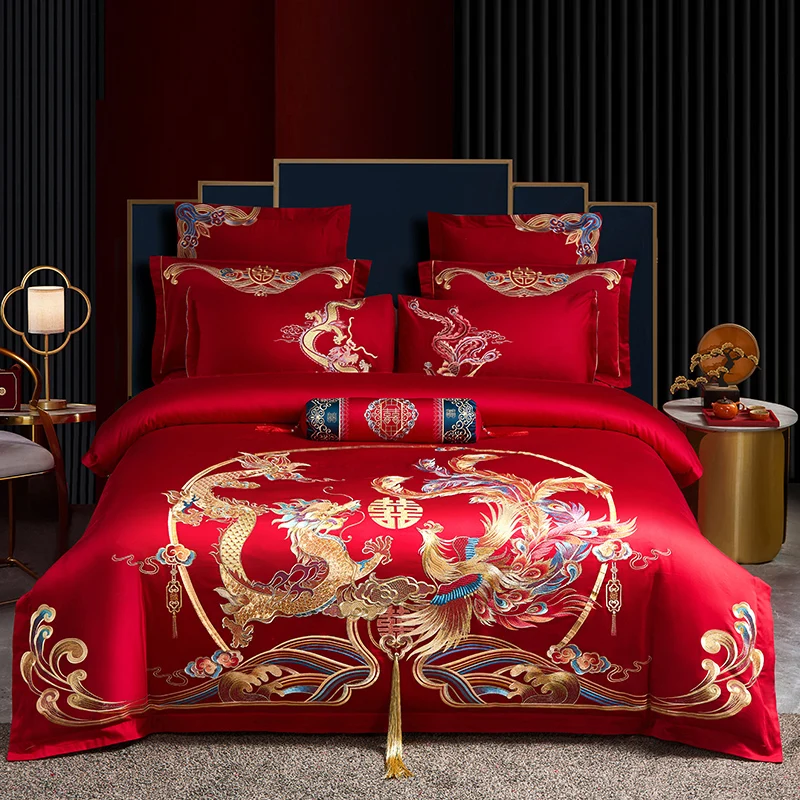 Luxury Gold Tassels Dragon Phoenix Embroidery Chinese Wedding Red 100% Cotton Bedding Set Duvet Cover Bed Sheet Pillowcases