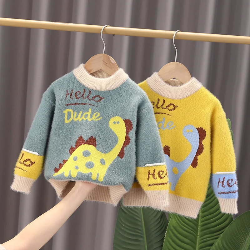 New Fall Winter Little Boy Sweatshirt Round Neck Toddlers Boys Pullovers Cartoon Dinosaur Long Sleeve Kids Baby Boys Top IY07071