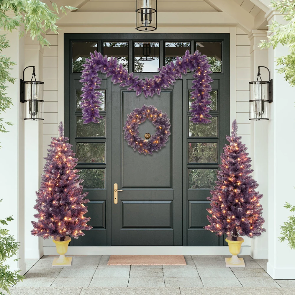 4PCS Pre-lit Christmas Artificial Tree Garland,Wreath and Set of 2 Entrance Trees,X-mas with LED Lights,  Purple