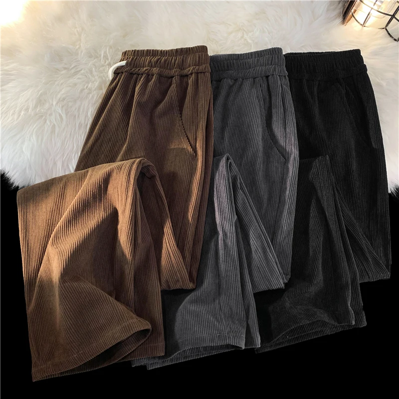 Pantalones de pana blancos para hombre, moda coreana, Color sólido, informal, recto, holgado, drapeado, ropa masculina, S-3XL, 2023