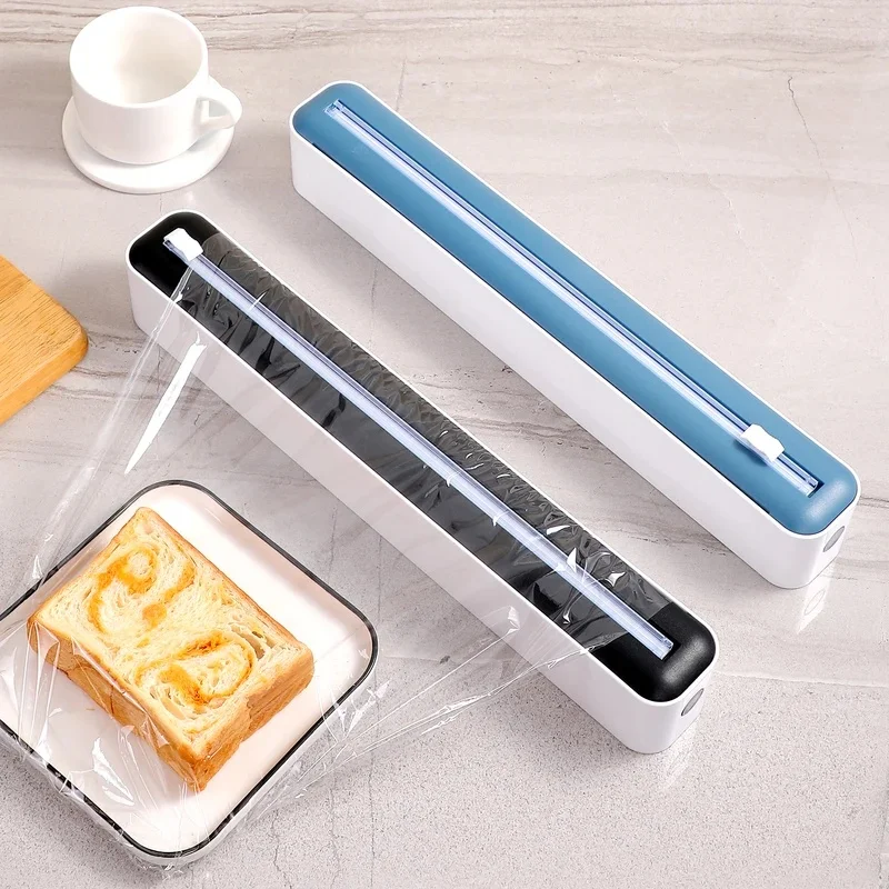 Dispensador de filme plástico 2 em 1 com cortador, caixa de armazenamento, cortador de filme plástico e papel alumínio, acessórios de cozinha