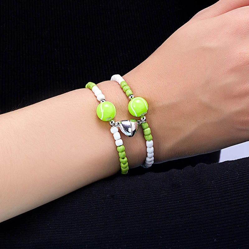 2Pcs/Set Heart Magnetic Basketball Tennis Ball Sports Couple For Women Men Braided Bracelets Bead String Bracelet Jewelry