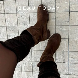 BEAUTODAY Elegant Ankle Boots Women Cow Suede Pointed Toe Flock Ladies Pleated Stacking Boots Autumn Winter Handmade 06154