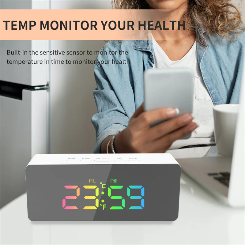 Mirror Alarm Clock Temperature Date 2 Display Mode Night Mode Snooze Table Clock 3 Level Brightness USB LED Digital  Clock