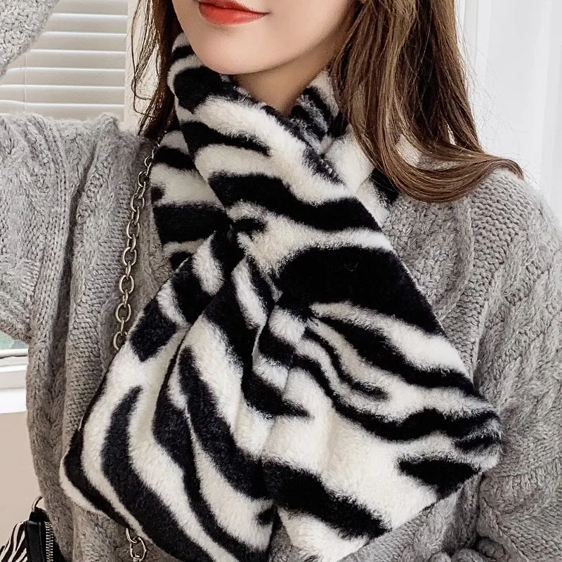 Fashion Zebra Stripe Faux Rabbit Fur Thicken Warm Shawl Women Winter Outdoor Windproof Neck Protection Fake Collar Plush Scarf