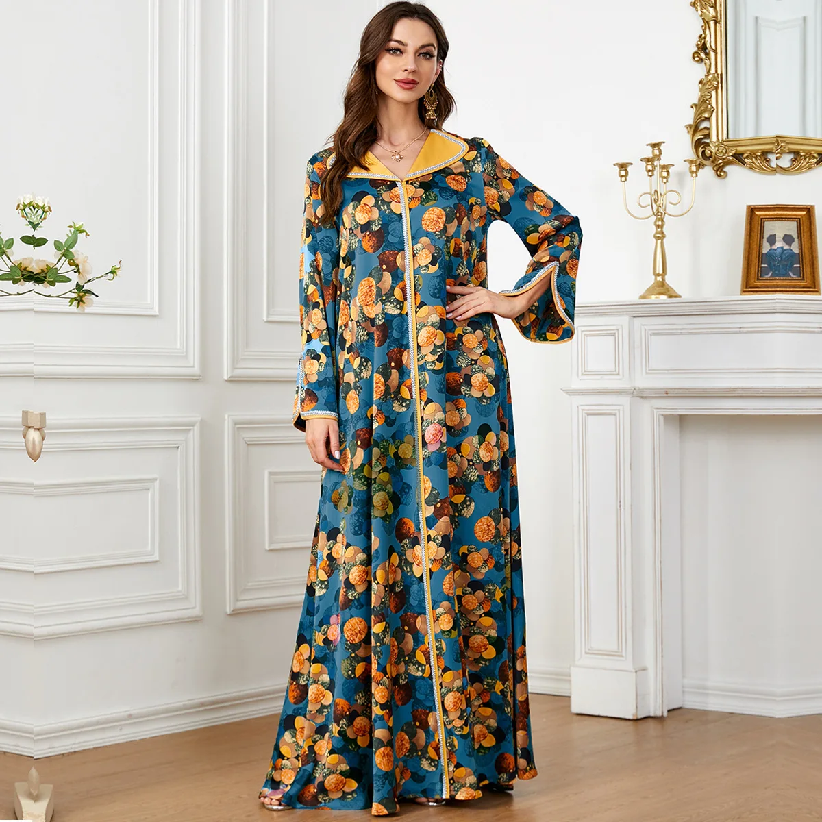 Vestido maxi estampado para etnia, vestidos longos para Dubai, Arábia Saudita, kaftan, abaya, roupas femininas, moda verão, 2024