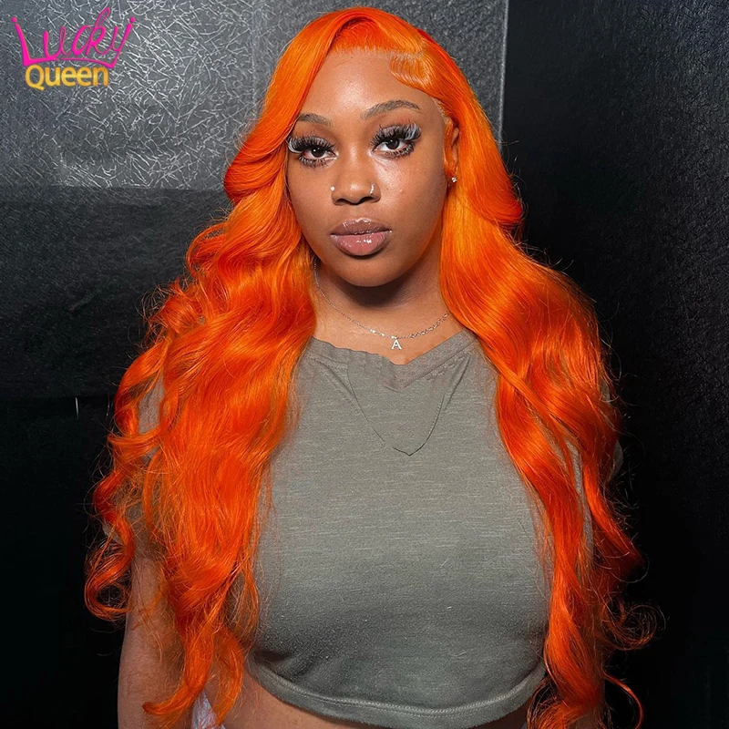 

Bright Orange Body Wave Transparent Lace Front Human Hair Wig Ginger Colored 30 Inch Pre Plucked 13X4 13X6 Frontal Wig for Women