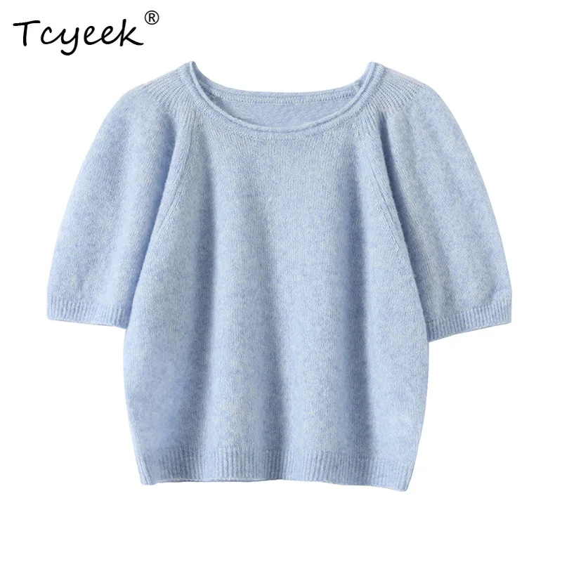

Tcyeek, 38% Alpaca Wool Elegant T-Shirt, Women O-neck Half Sleeve, Fashion Loose Basic Soft Top, 2024 Autumn Winter T48461QM