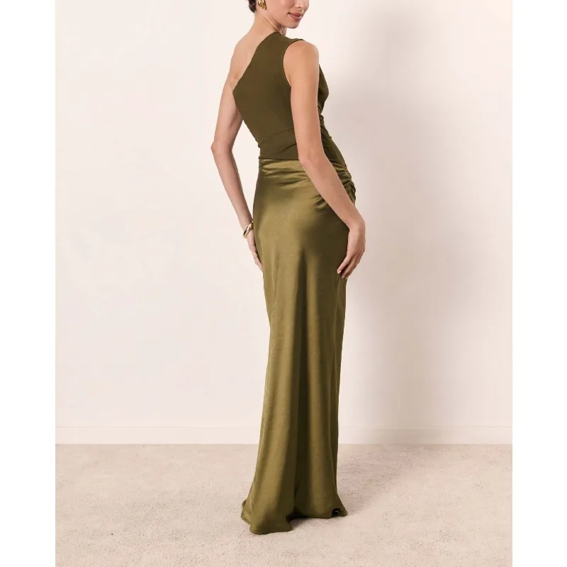 Sexy One Shoulder Satin Splicing Long Dress Women Elegant Skew Collar Hollow Boho Dress Backless Sleeveless Party Dress