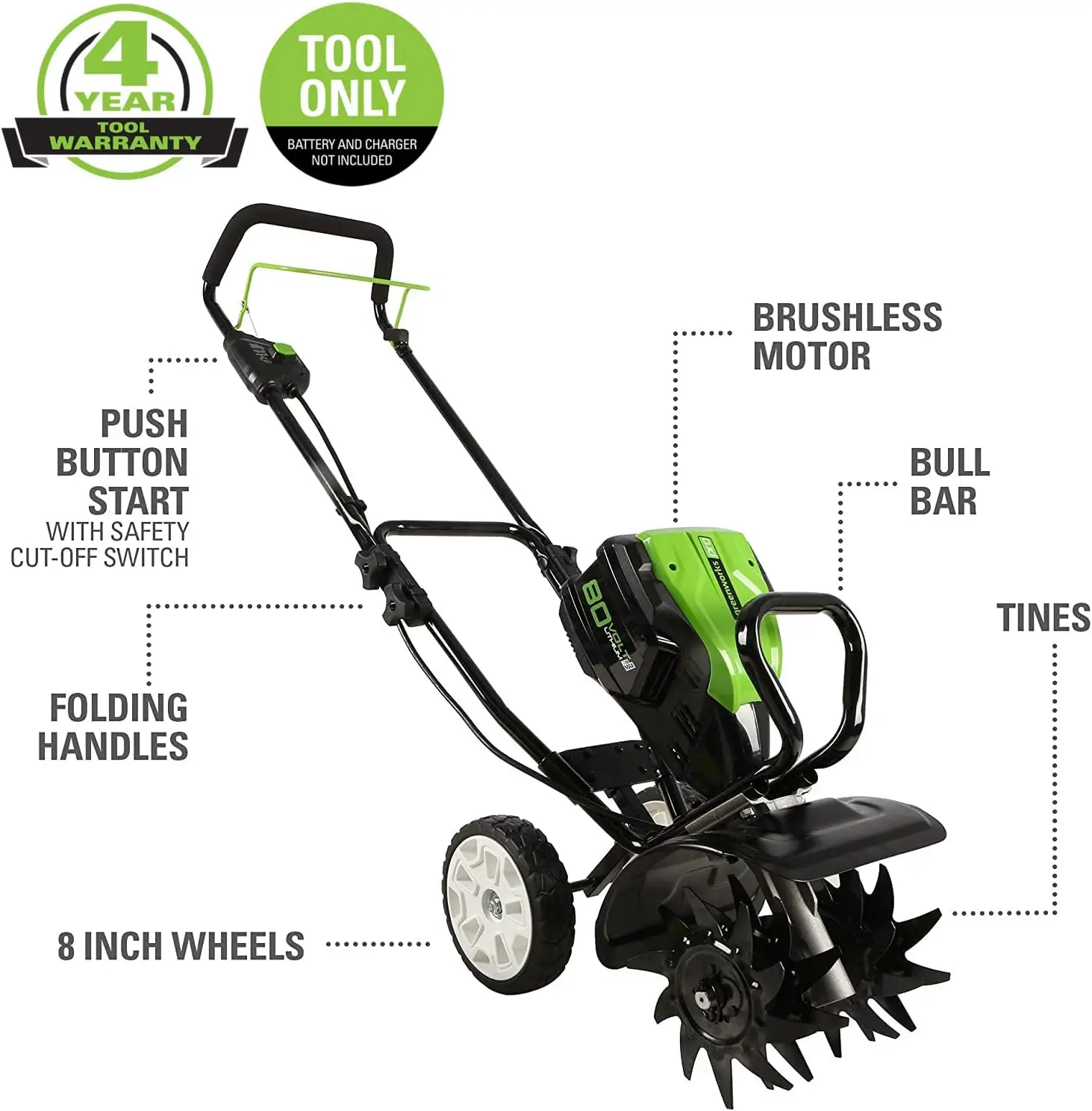 Pro 80V 10 inch Cordless Tiller Cultivator, Tool Only