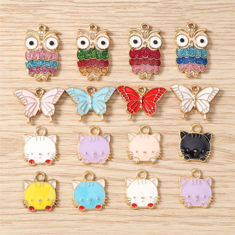 10 Stück niedliche, gemischte Emaille-Anhänger in Tierform (Katze, Eule, Schmetterling) zum Basteln von Ohrringen, Halsketten, DIY-Handarbeiten und Schmuckzubehör – Detail 1