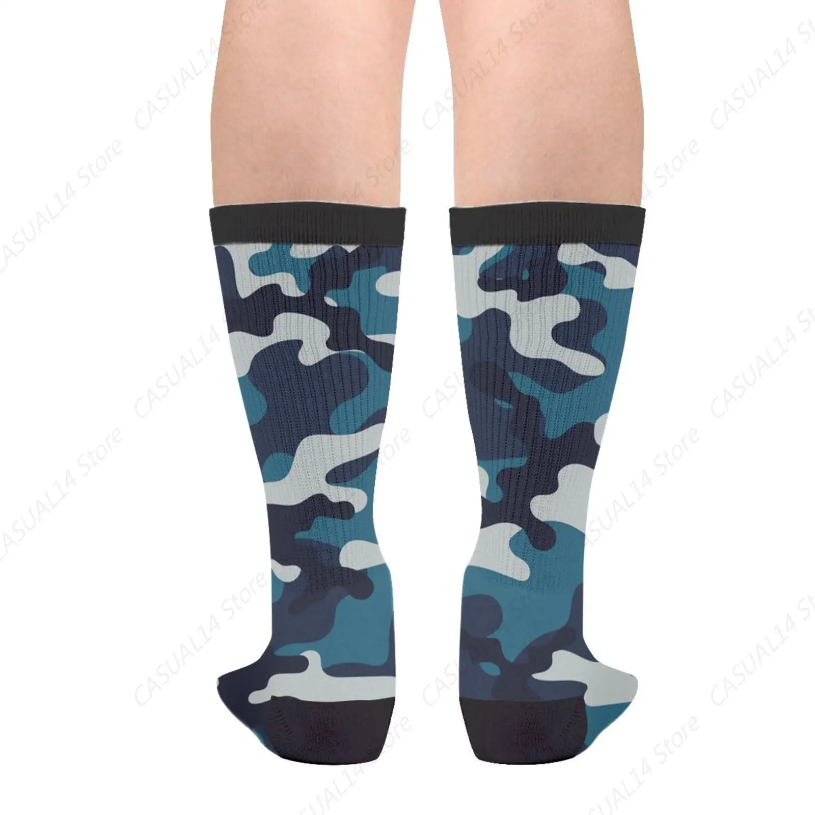 Navy Blue Camo Camouflage Cool Novelty Fun Crew Socks Fashion Comfortable Men And Women Crazy Dress Socks