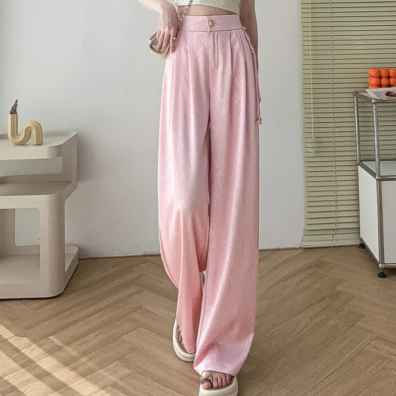 سيوليش 2025 ربيع وصيف جديد النمط الصيني الساتان بنطال ذو قصة أرجل واسعة عالية الخصر التطريز الكورية بناطيل فضفاضة غير رسمية الإناث #3