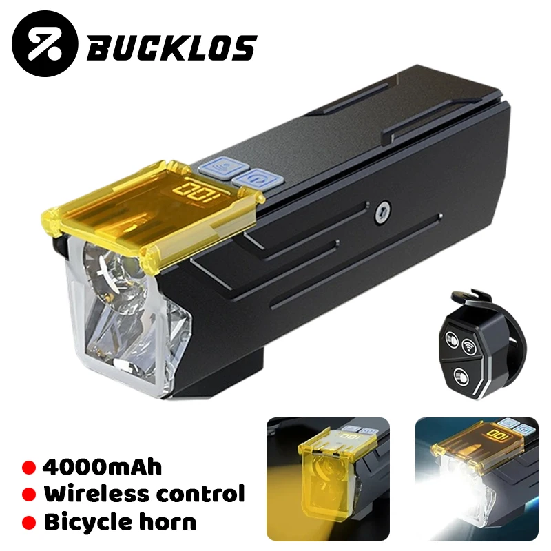 

BUCKLOS 4000mAh Bicycle Lights Front with Horn Aluminium Alloy Bike Haedlight Type-C Charging Bike lights Bicycle Accessories