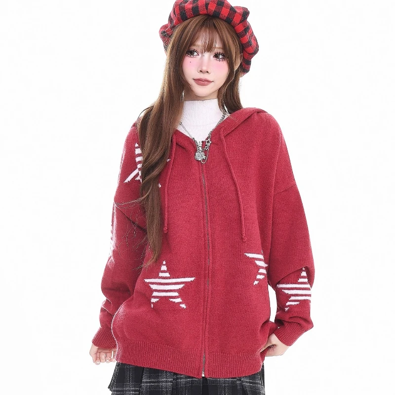 Christmas Red Hooded Women's Sweaters Coat 2025 Autumn Winter Design Sweet Loose Versatile Y2k New Year Cardigan Coats Ladies