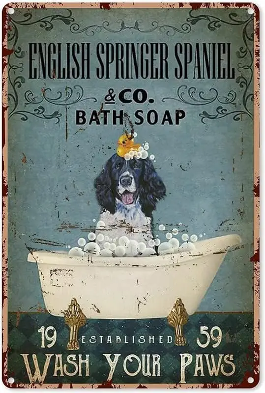 Vintage Metal Bathroom Signs English Springer Spaniel Bath Soap Wash Your Paws Sign Decor Funny Toilet Shower Room Bathroo