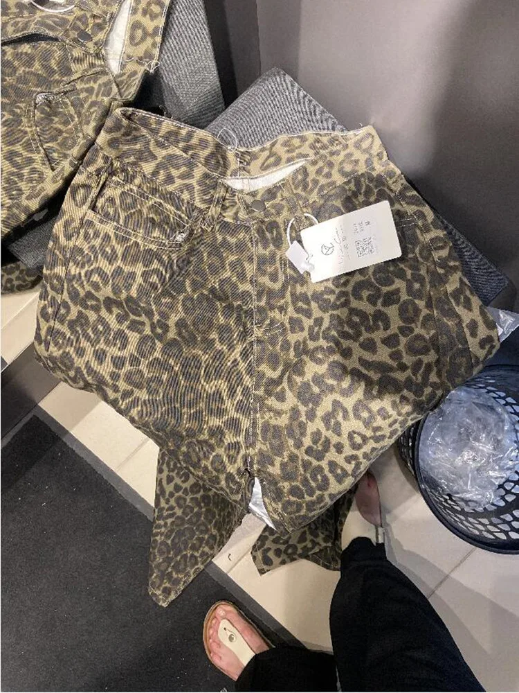 Retro Leopard Printed Jeans Women Streetwear Fashion Baggy Hip-hop Loose Wide Leg Jeans Vintage Denim Trousers