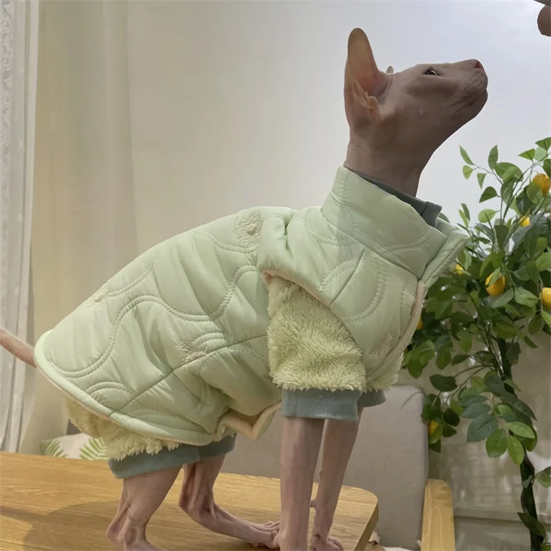 Winter Thick Fleece Windproof Jacket for Sphynx Cat Warm Cute Green High-Neck Button Coat for Kittens Loungewear For Devon Rex