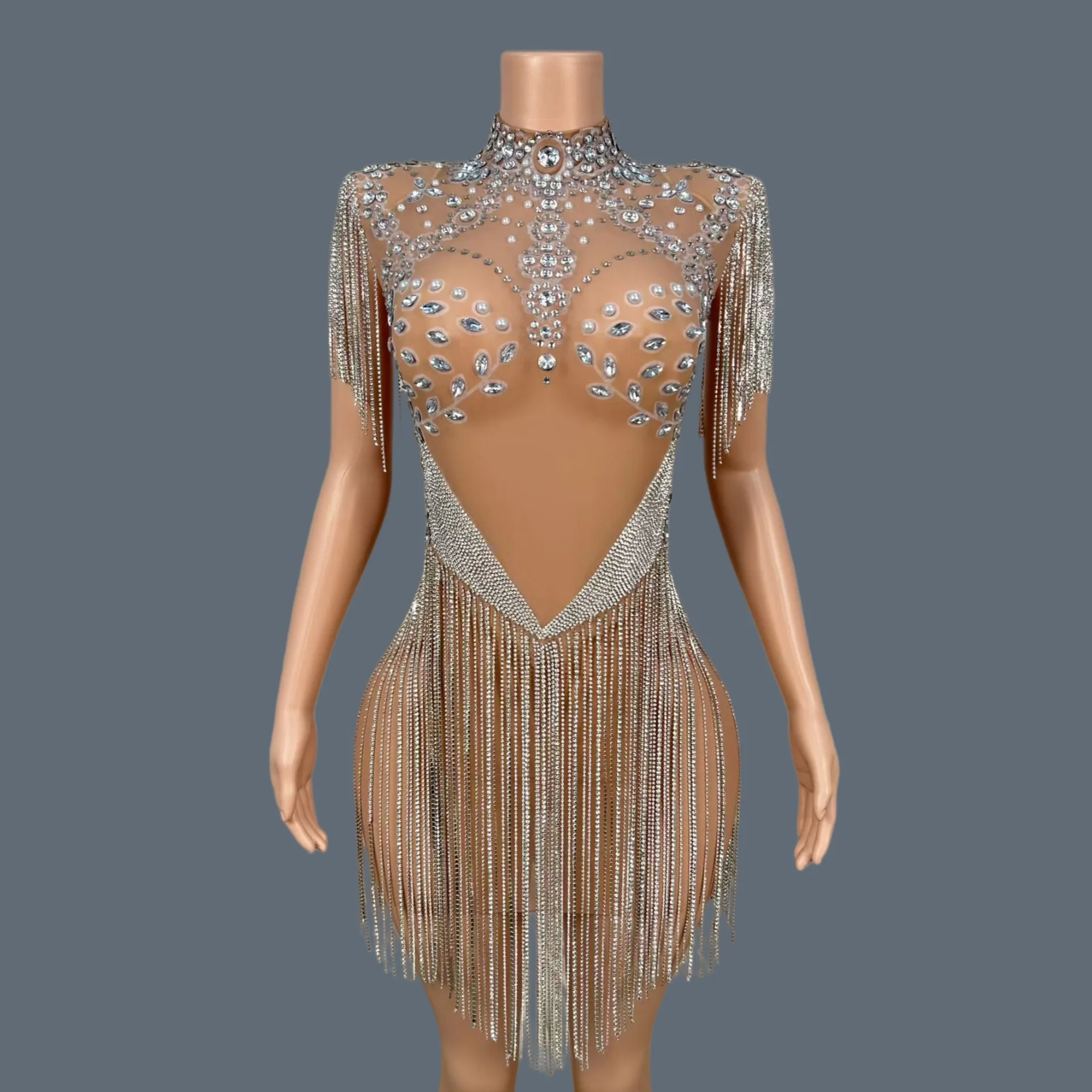 

Luxury Rhinestone Chains Sparkly Mini Dress Carnival Party Dance Show Wear Birthday Prom High-end Wear Cocktail Dress Xiaohan