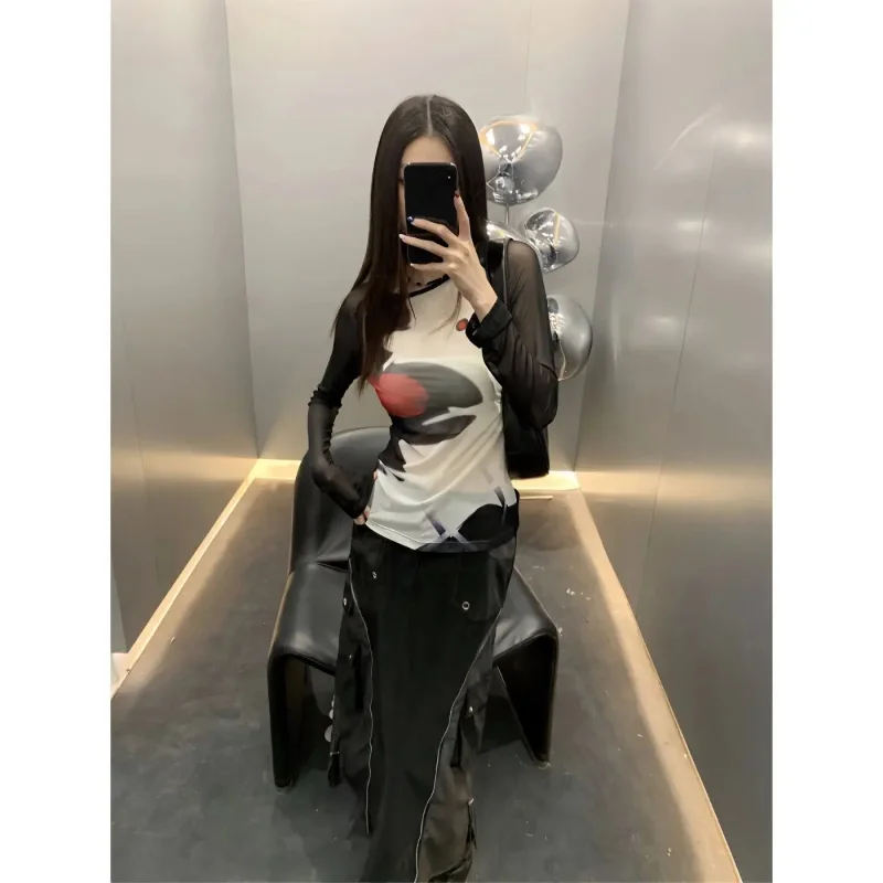 Sexy Print Mesh Langarm T Shirts Frauen Oansatz Slim Fit Transparent Dünne Tops Y2k Ästhetischen Streetwear Ropa Mujer