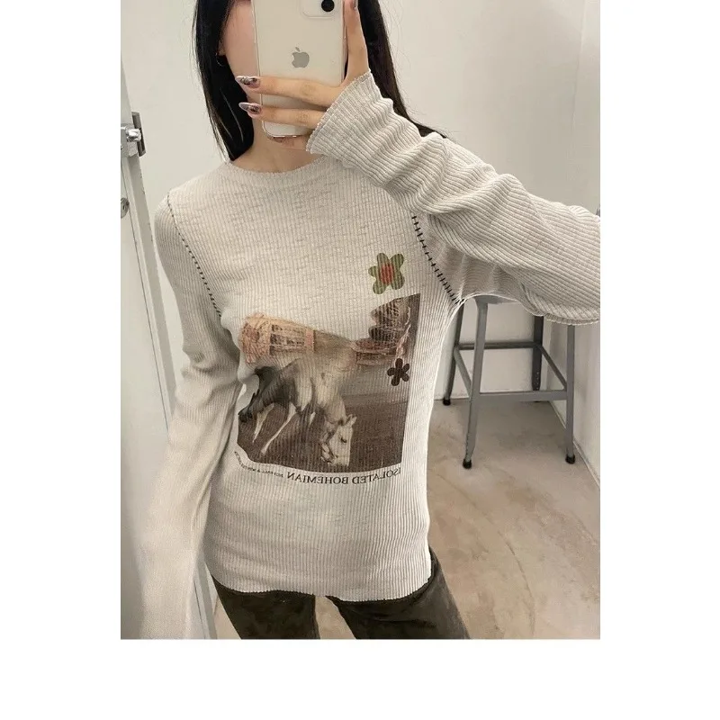 

Round Neck Pullover American Retro Printed Long-sleeved T-shirt Women's Slim Bottoming Shirt Top