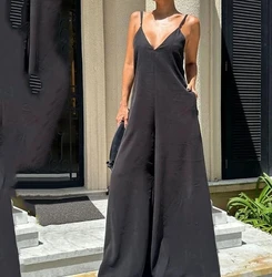 Jumpsuit Fashion Casual New 2024 Women's V-Neck Suspender Solid Color Wide Leg Jumpsuit Black Casual women's camisole jumpsuit