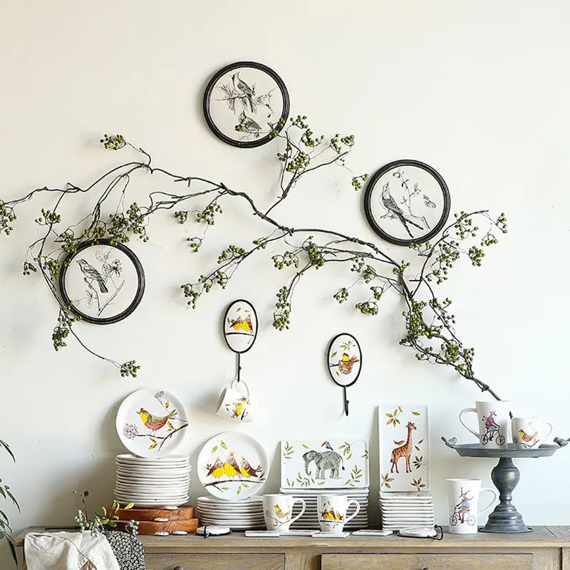 Vintage flower and bird circular decorative painting, antique wooden frame bird mural, home living room entrance wall decoration
