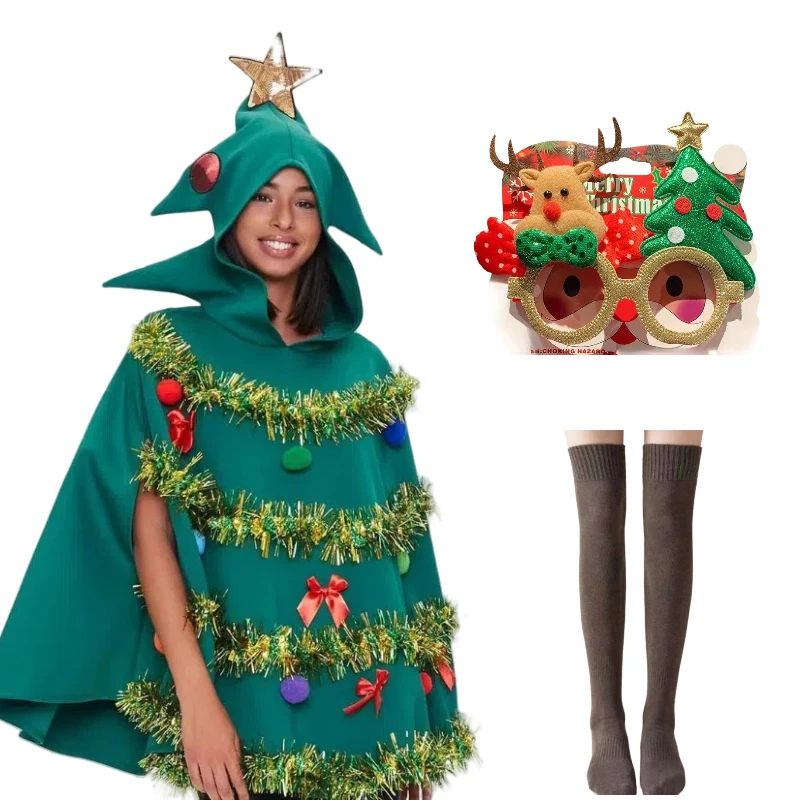 

Christmas Tree Cosplay Costume Green Cape Funny Plants Top with Socks Eyeglass Frame for Women Xmas Halloween Theme Party