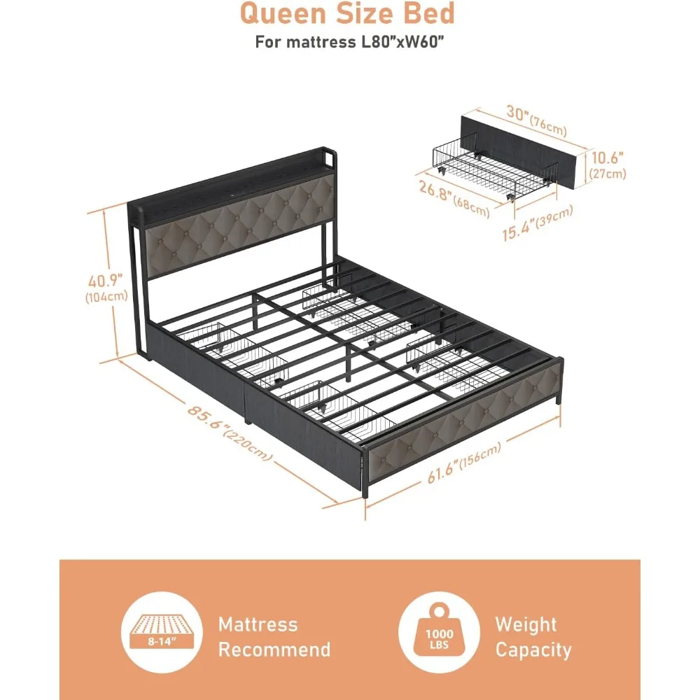 Queen Bed Frame with Button Headboard, PU Leather, All-Metal Platform Bed Frame Queen Size with Storage and Outlets, Easy instal