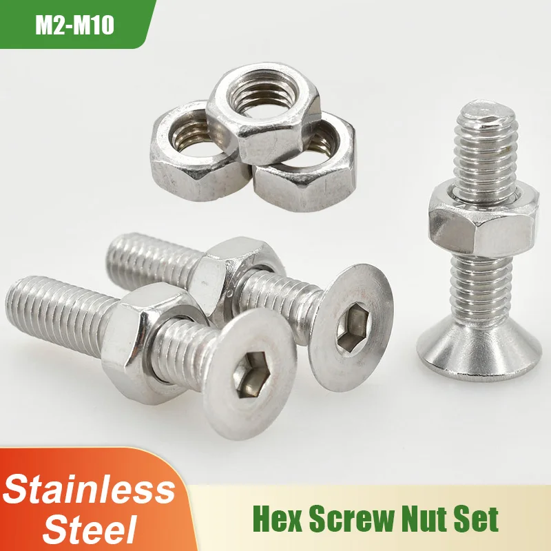 M2 M3 M4 M5 M6 M8 M10 Flat Hex Screw and Nut Set Stainless Steel Hexagonal Allen Bolt Countersunk Motor Faring Bolt Screws Nuts