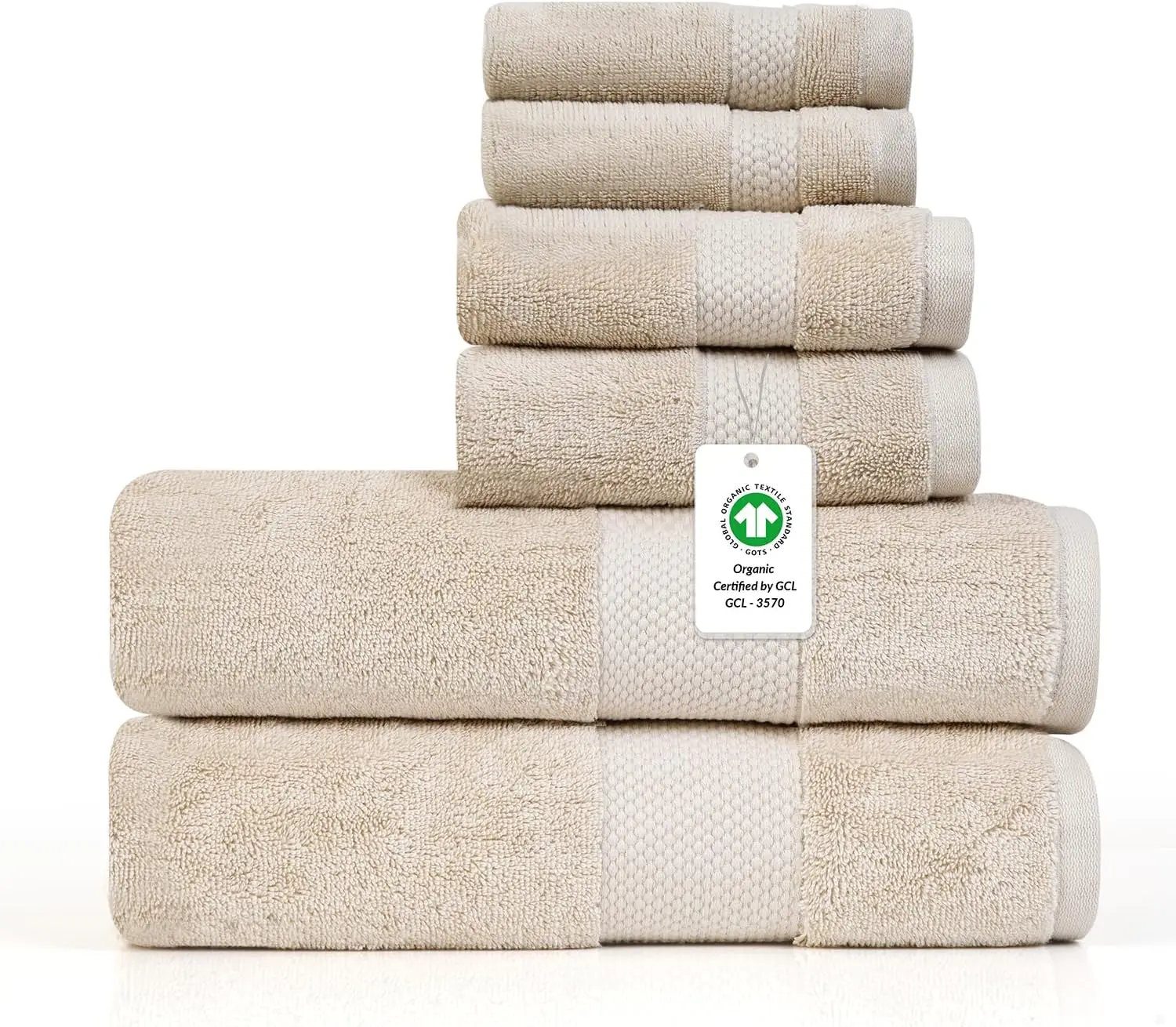 

6-Piece Organic Cotton Towel Set - GOTS & OEKO-TEX Certified, Ultra Soft, Quick Dry, Sand