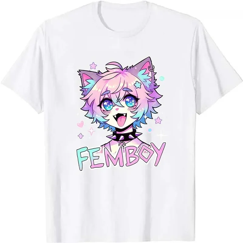 Femboy T-Shirts mit Grafikdruck für Damen, Sommer, lässige Mode, Harajuku, Vintage-Oberteile, lockere Passform, Rundhalsausschnitt, kurzärmelig. – Detail 3