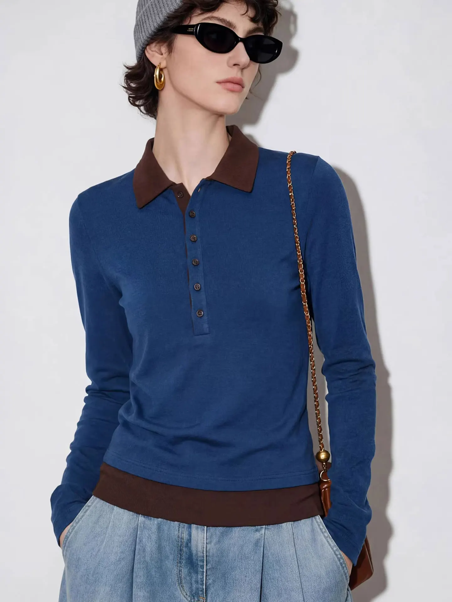 

Женская приталенная футболка с длинным рукавом и воротником, в стиле колор-блок, из шелковой смеси, весенняя модная модель в корейском стиле