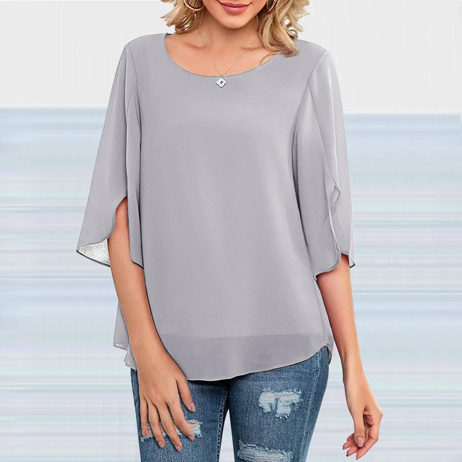 Women's Loose Half Split Sleeve Shirt Ladies Solid Colour Comfortable Lightweight Double Chiffon Round Neck Shirt Flowing Shirt