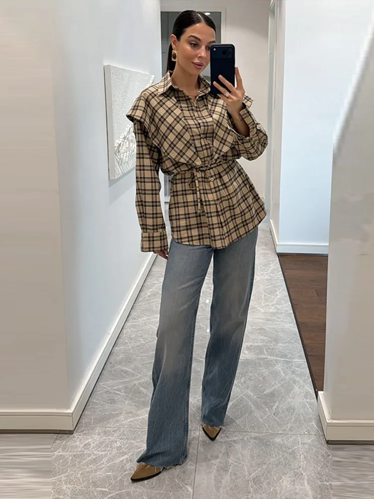 

2026 Spring New Fashion Women Plaid Long Sleeve Shirt Elegant Lapel Single Breasted Blouse High Street Lady Tops