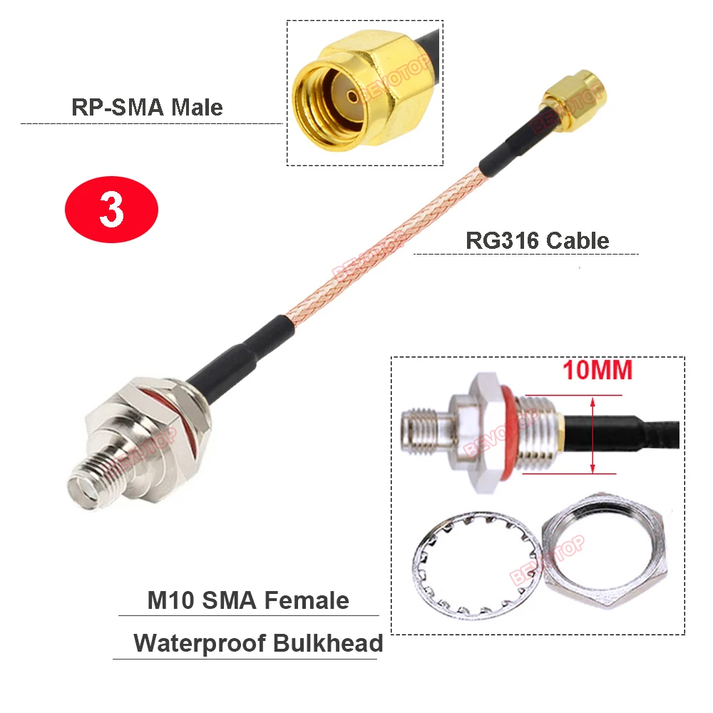 Imagem -04 - Bevotop-cabo de Jumper Coaxial rf Impermeável M10 Sma Rp-sma Anteparo Feminino para Rp-sma Masculino 50ohm Rg316 M10 10 Pcs Lot