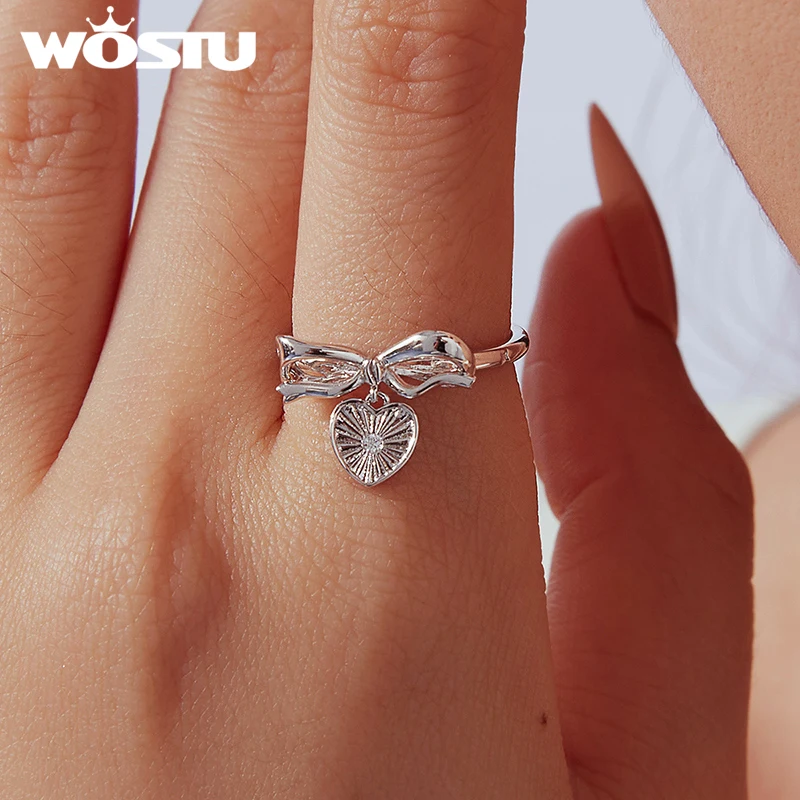 WOSTU Platinum Plated Bow Ring for Women, Adjustable Open Heart Charm Rings with Cubic Zirconia Sweet Fashion Jewelry