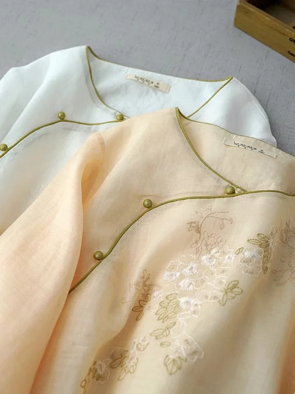 Nouveau chinois Sle femmes brodé lin irt été nouveau Sle Oblique revers lin thé Costume petit coton lin haut