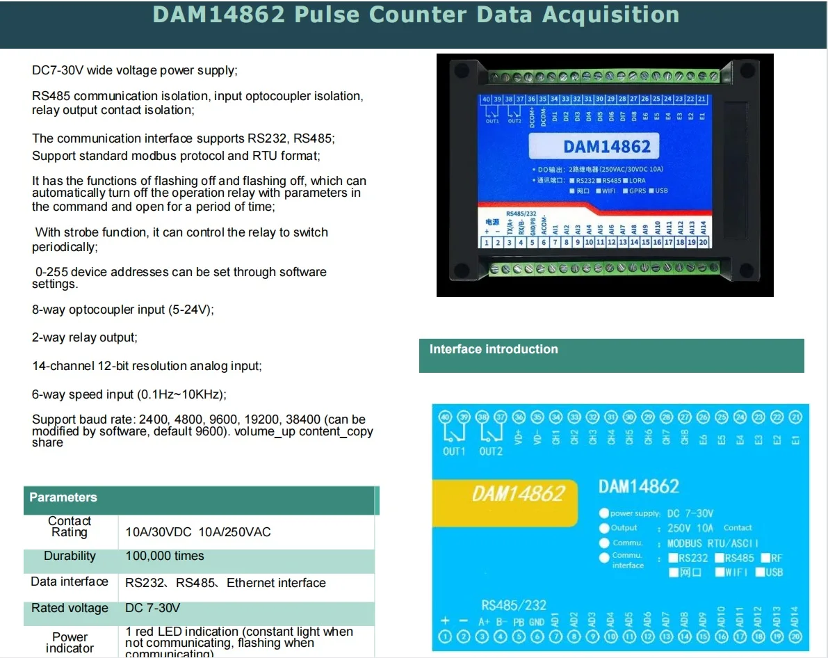 2 channel relay output and 8 channel switch digital input  pulse counter 14 channel analog data acquisition