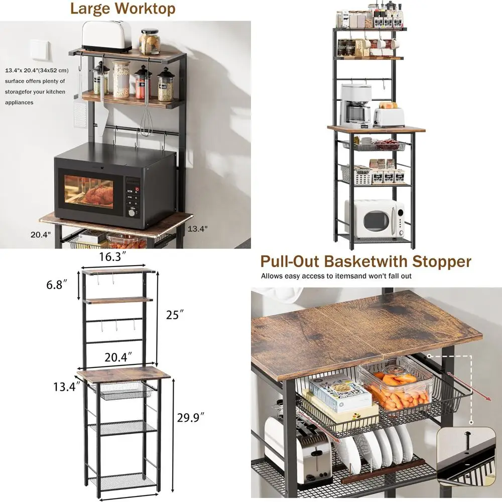 

6-Tier Rustic Brown Kitchen Storage Rack with Microwave Stand and Coffee Bar