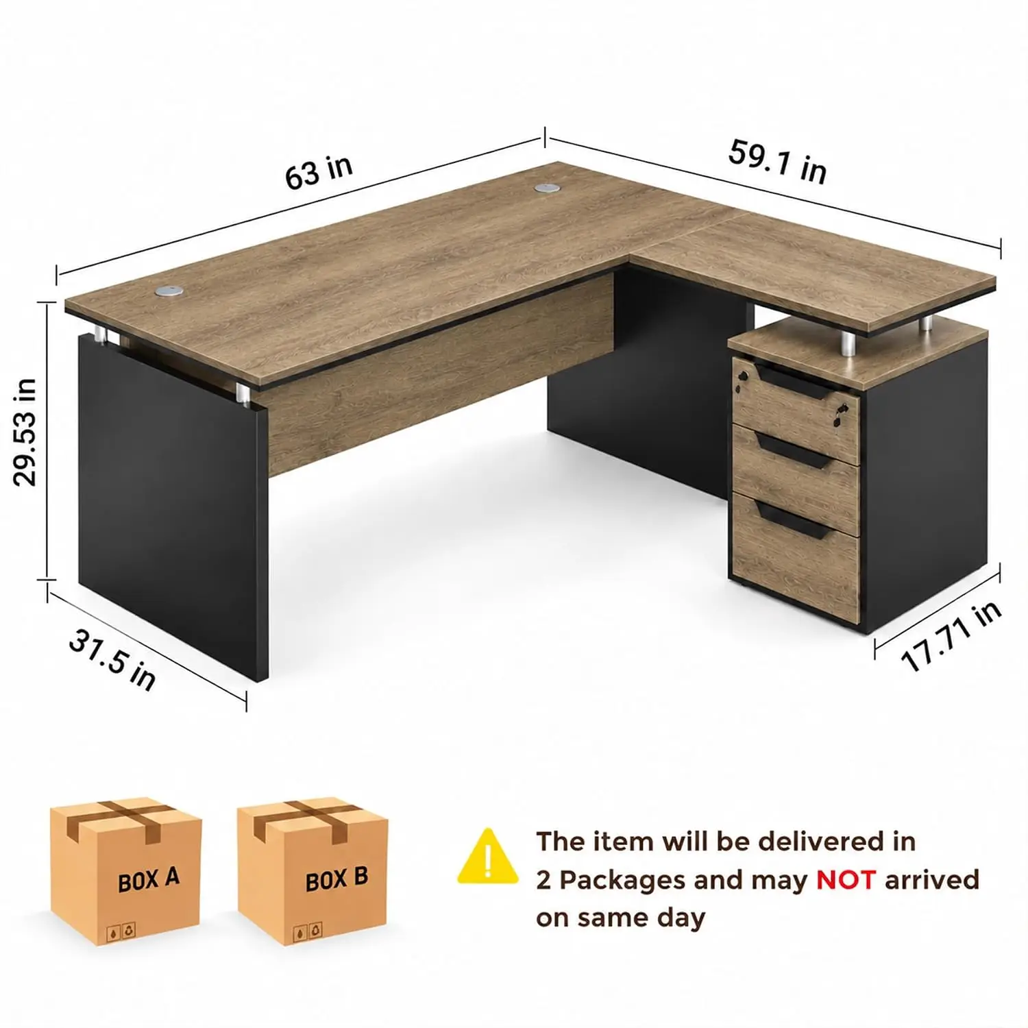 63 Inch L-Shaped Executive Desk Wood Office Locking Drawers Cable Management & Power Outlet Reversible Workstation, Customized