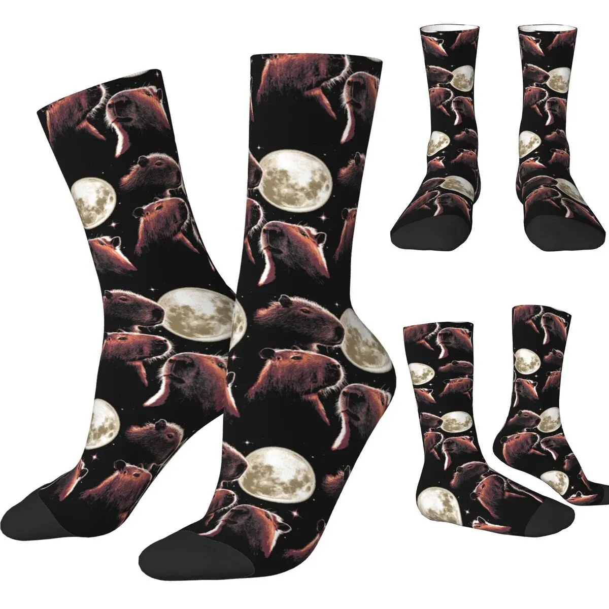 Fashion Three Capybara Moon Funny Capybara Meme Mystical Basketball Socks Polyester Crew Socks for Unisex