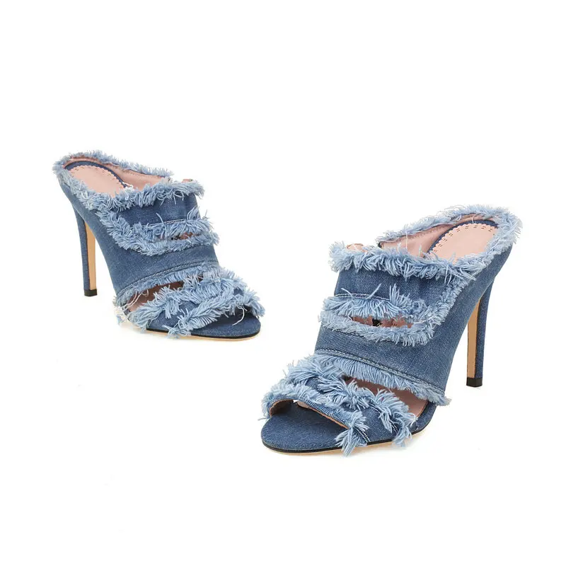 Brushed Denim Jeans Fabric Blue Women Shoes High Heel Slides 2022 Brand New Open Toe Slippers Slip-on Mules Sandals Size 33-43