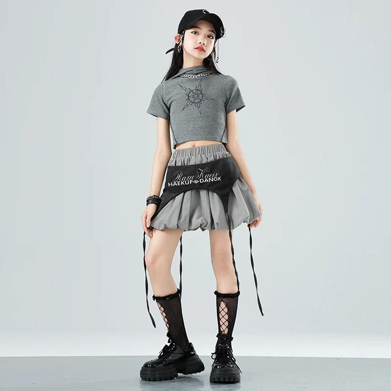 Meninas rua jazz dança traje hip hop outfit crianças desempenho roupas cinza colheita topos saia crianças streetwear xh2681