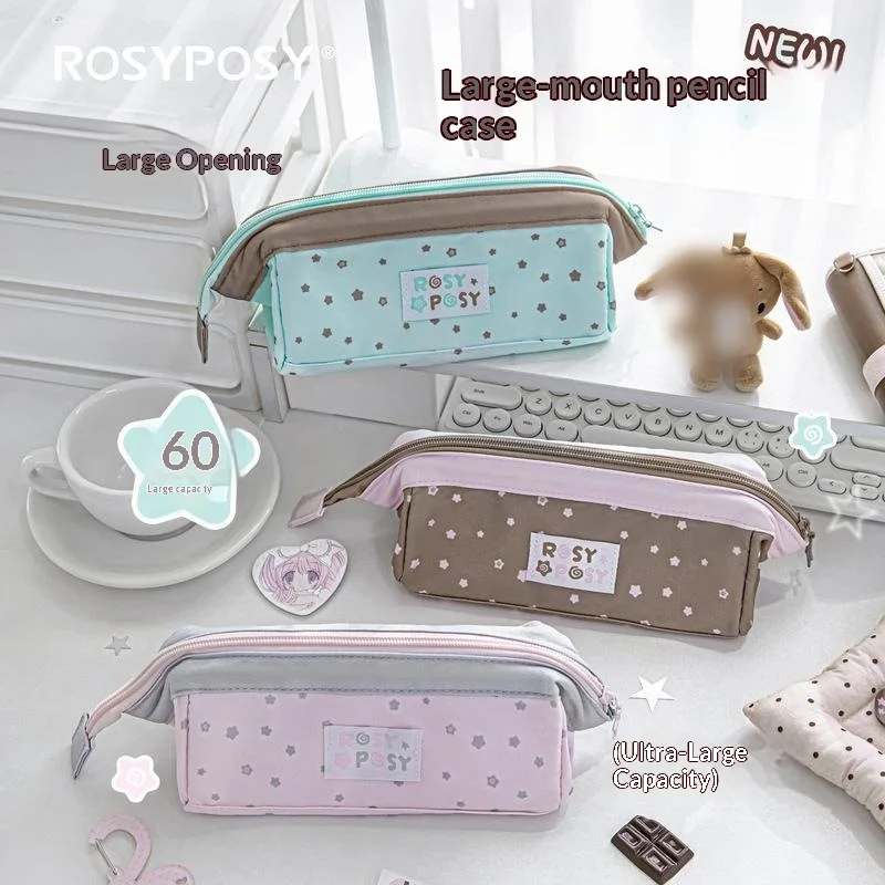 Rosyposy Large Opening Pencil Case Ins Style Multicolor Star Polka Dot Pattern Large Capacity Stationery Pouch Office Storage