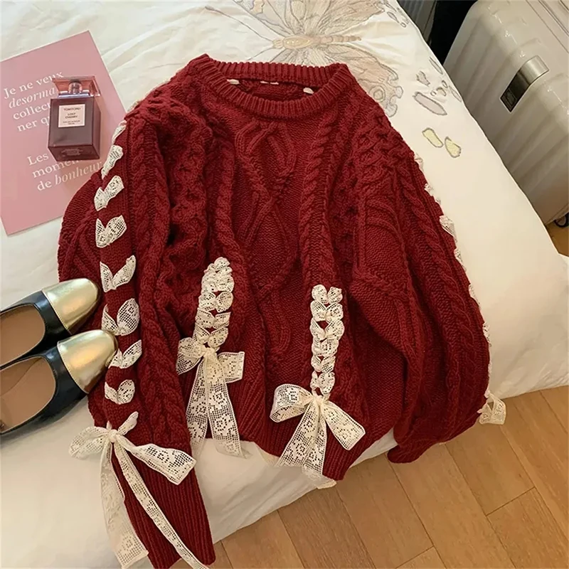 

GIDYQ Sweet Twist Ribbon Sweater Women Korean Loose Bow Knitted Pullovers Fashion Chic Casual Christmas New Year Jumpers New