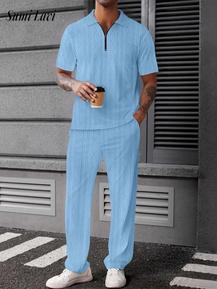 

Vintage Textured Polo Shirt Two Piece Sets Mens 2025 Summer Casual Short Sleeve Zipper Polos And Pants Suits Men Fashion Outfits